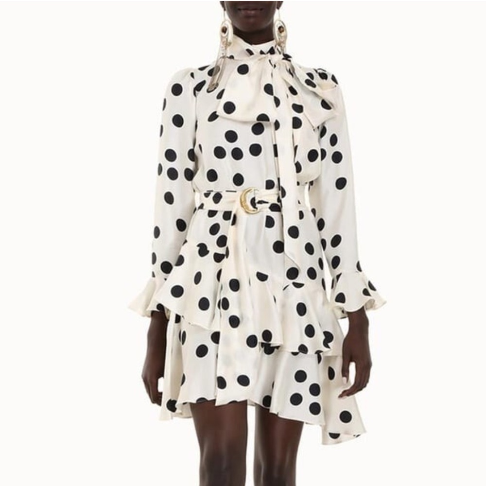 ZIMMERMANN Confetti Tie Neck Mini Dress in Cream / Black Confetti Polka Dots NWT